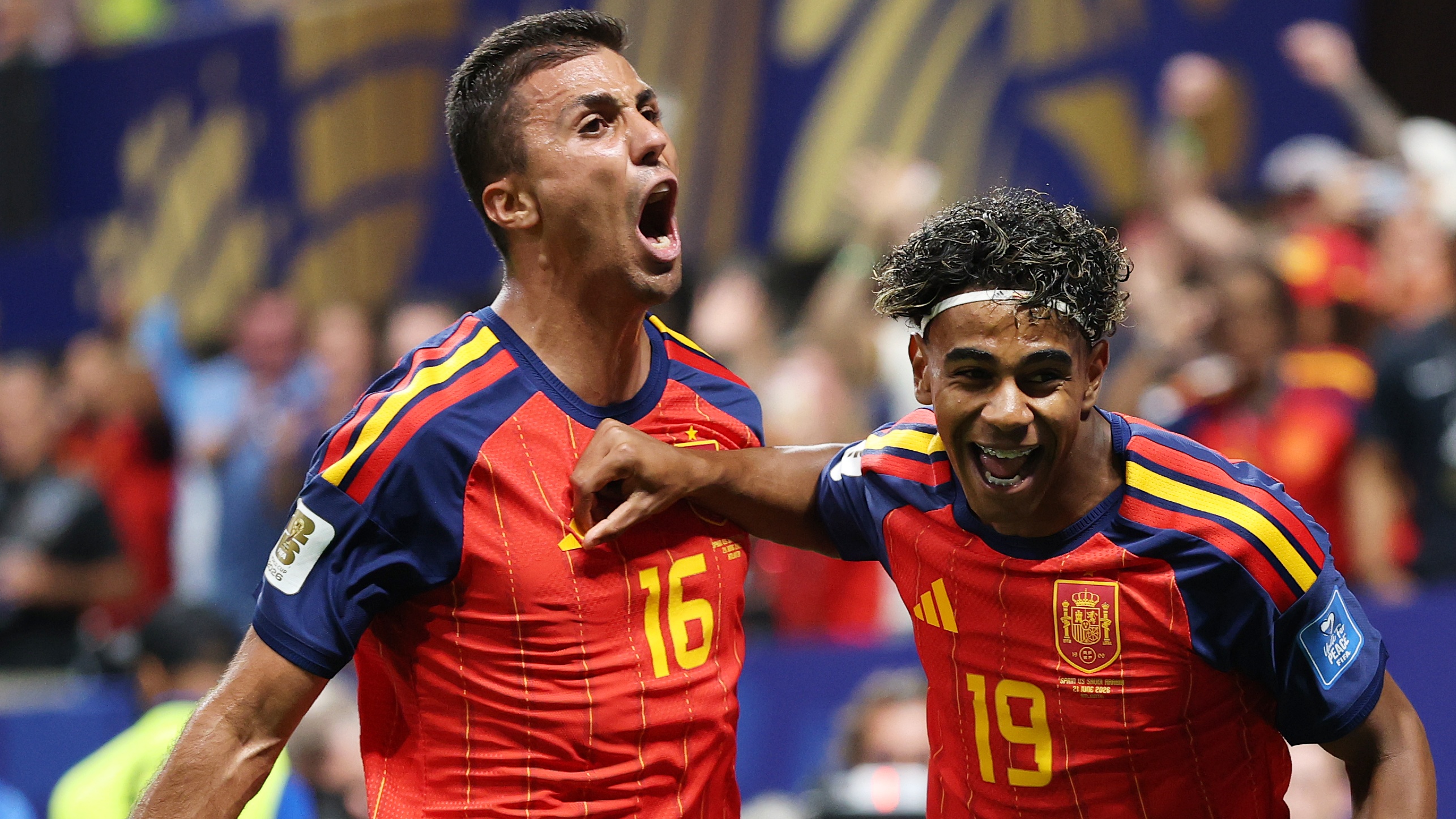 Lamine Yamal of Spain celebrates with Rodri after scoring his team's first goal of the FIFA World Cup 2026 Group H match against Saudi Arabia at Atlanta Stadium on June 21, 2026 in Atlanta, Georgia