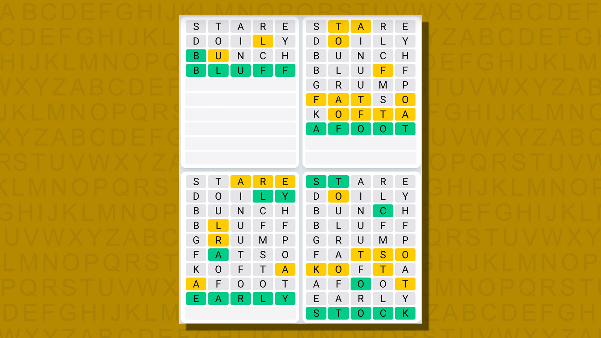 Quordle daily sequence answers for game 805 on a yellow background