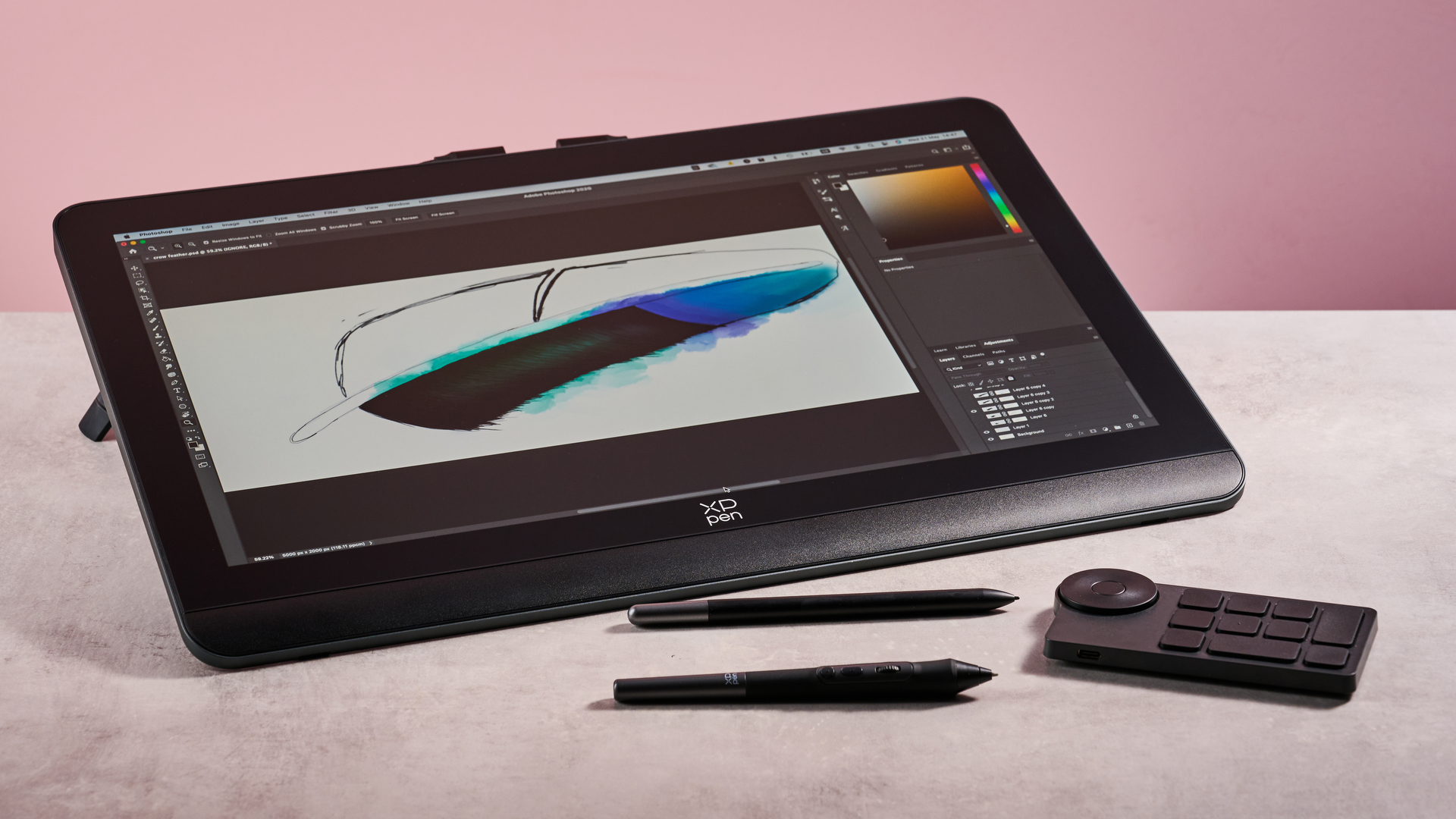 The XPPen Artist Pro 19 Gen 2, showing a drawing of a magpie feather, plus its shortcut key remote, X3 Pro Roller Stylus and X3 Pro Slim Stylus in front of a pink background.