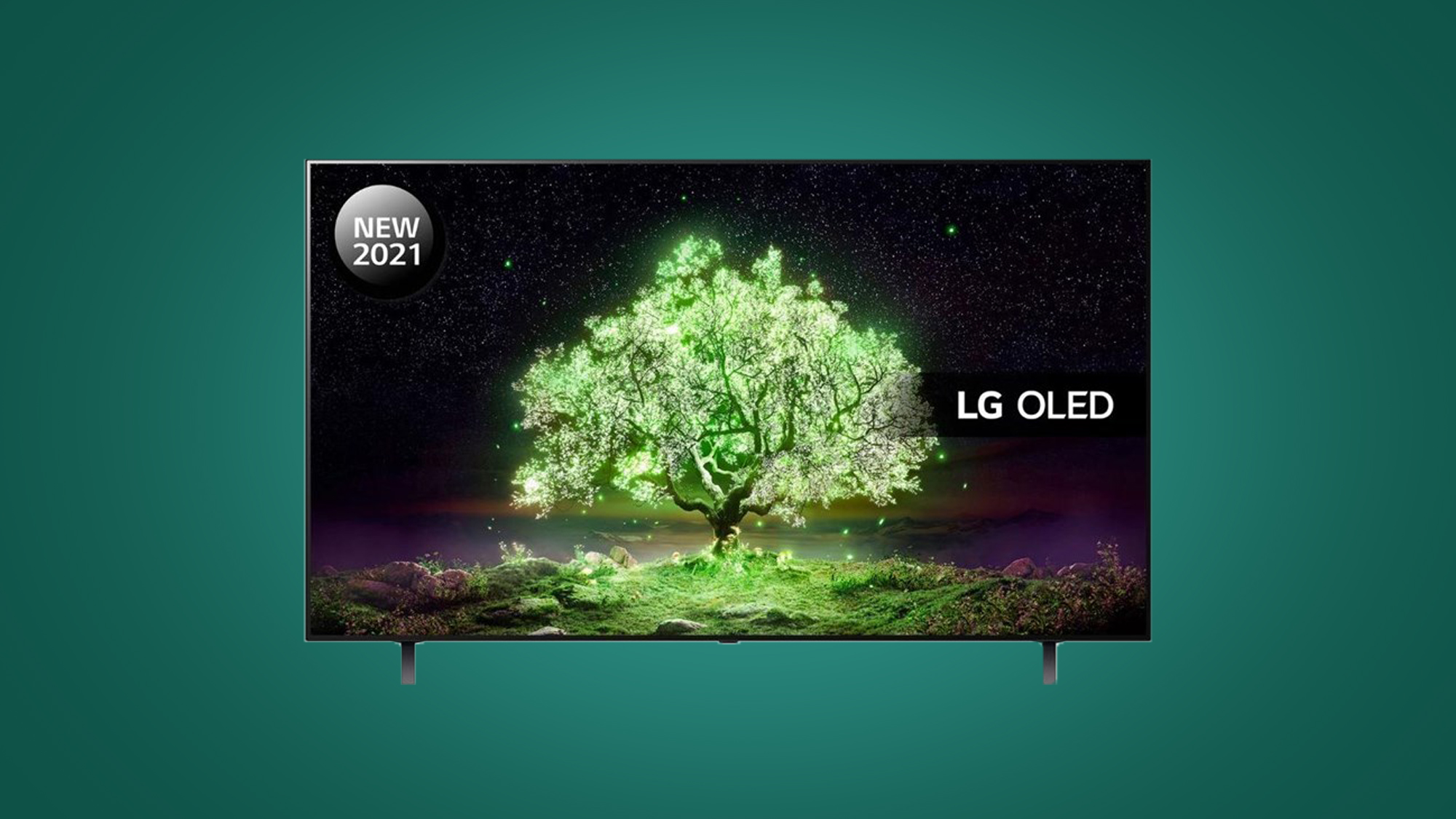 LG A1 OLED TV on a green background displaying a lit up green tree