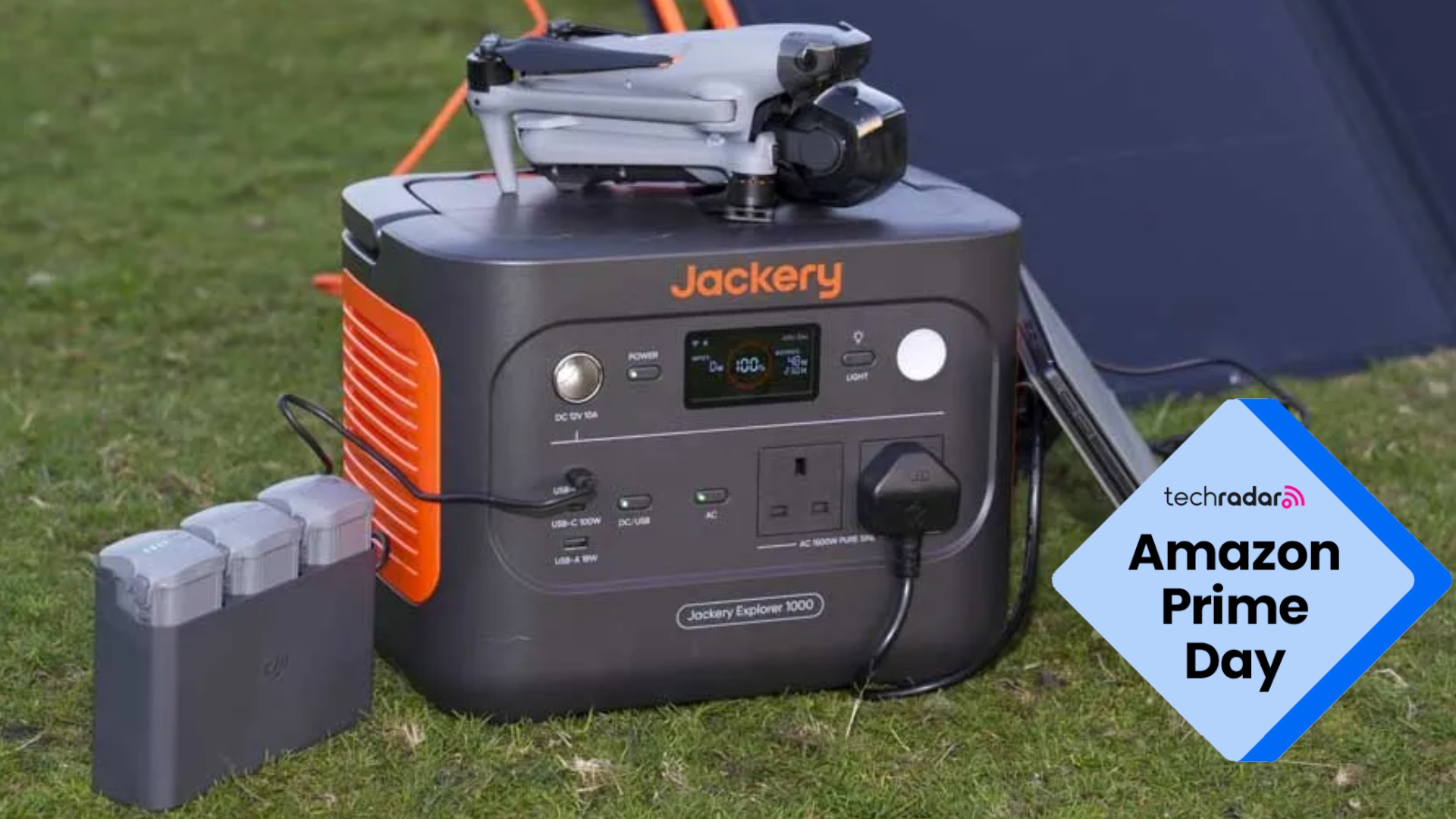 The Jackery Explorer 1000 V2 during our tests, with a blue diamond TechRadar  badge overlay reading 'Amazon Prime Day'