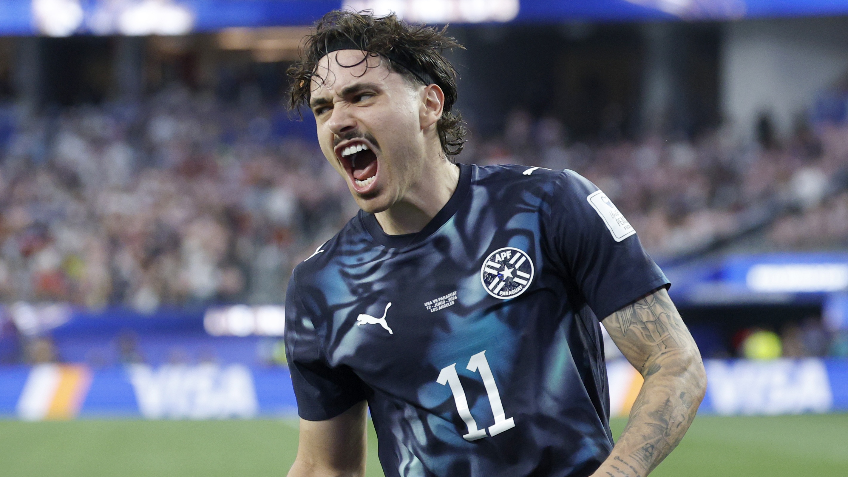 Paraguay midfielder Maur&iacute;cio reacts after his goal during the second half of a World Cup group stage match between United States and Paraguay at SoFi Stadium on Friday, June 12, 2026 in Inglewood, CA