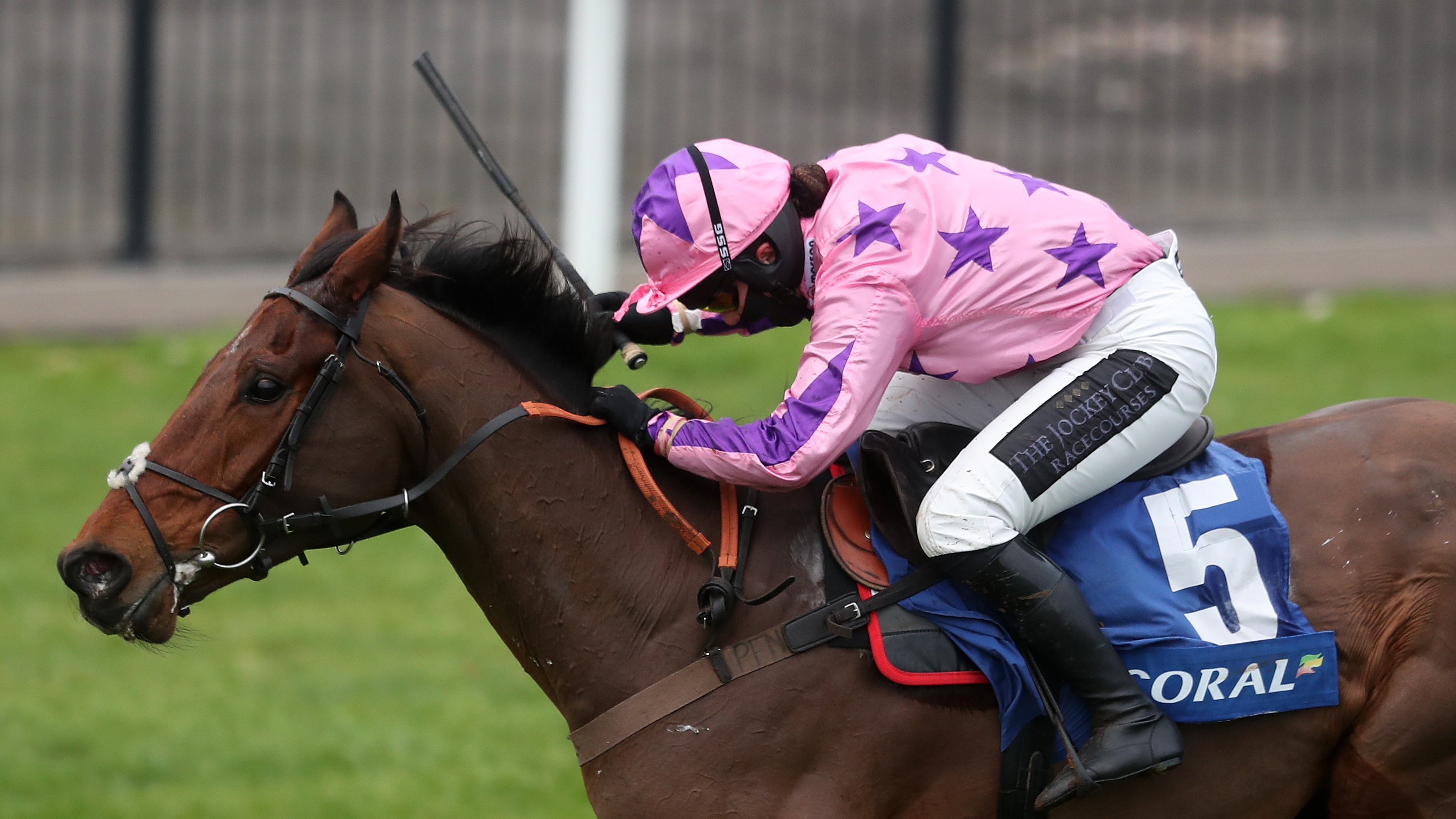 Storm Arising ridden by Bryony Frost, wearing pink jockey's silks, rides to a victory ahead of the previous Welsh Grand National