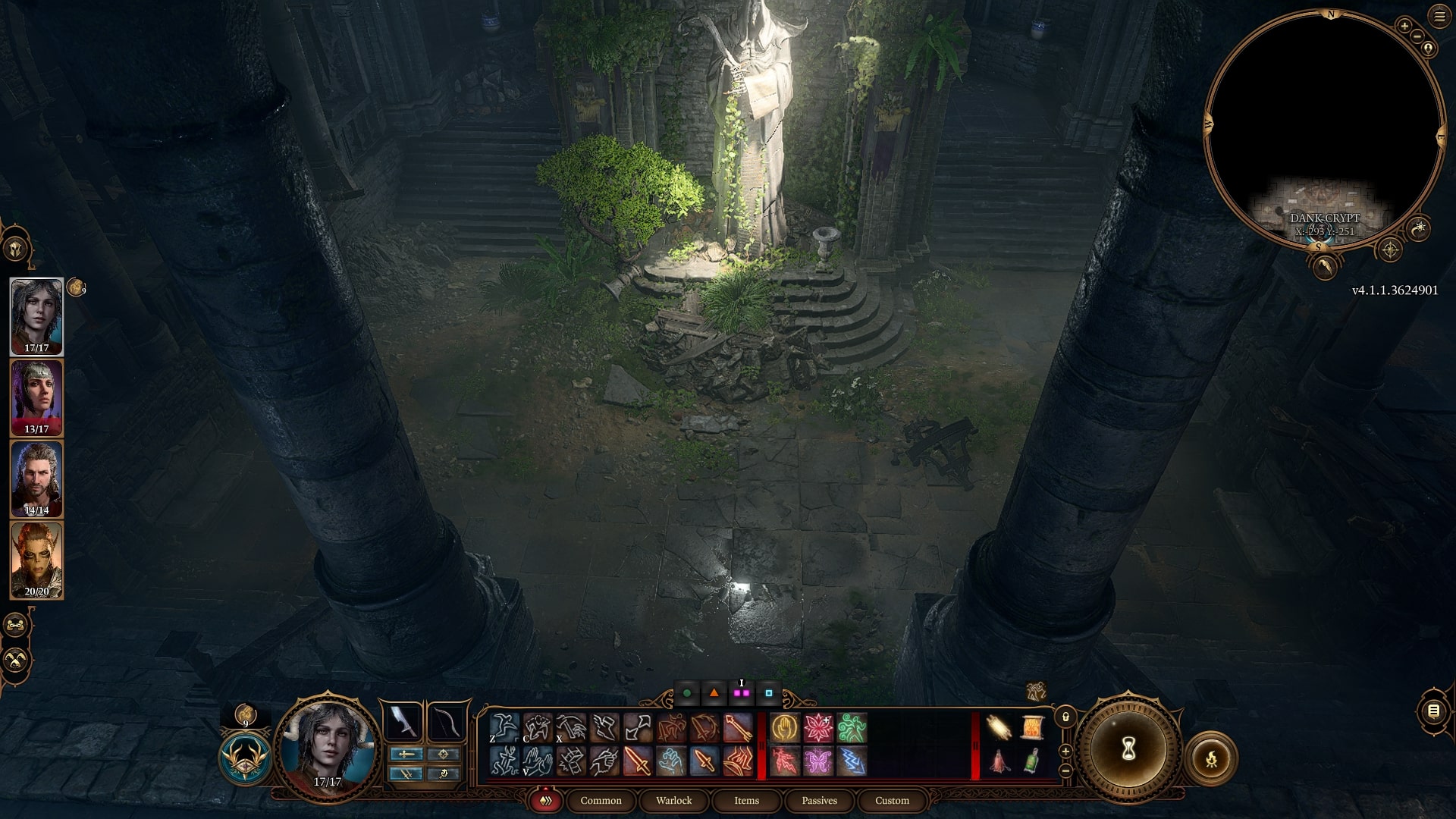 The Dank Crypt, underground moss covered ruins framed by a statue of Jergal