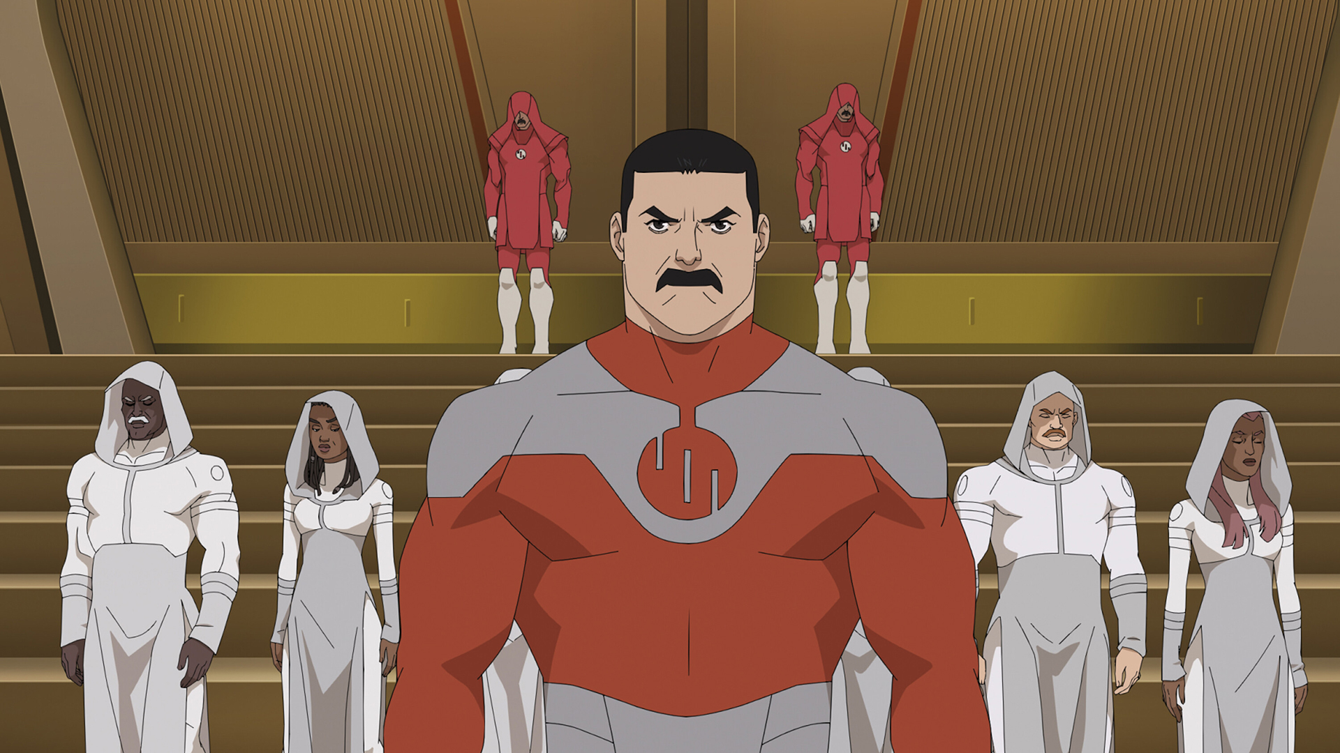 Grand Regent Thragg walking in front of some hooded Viltrumites in Invincible season 4