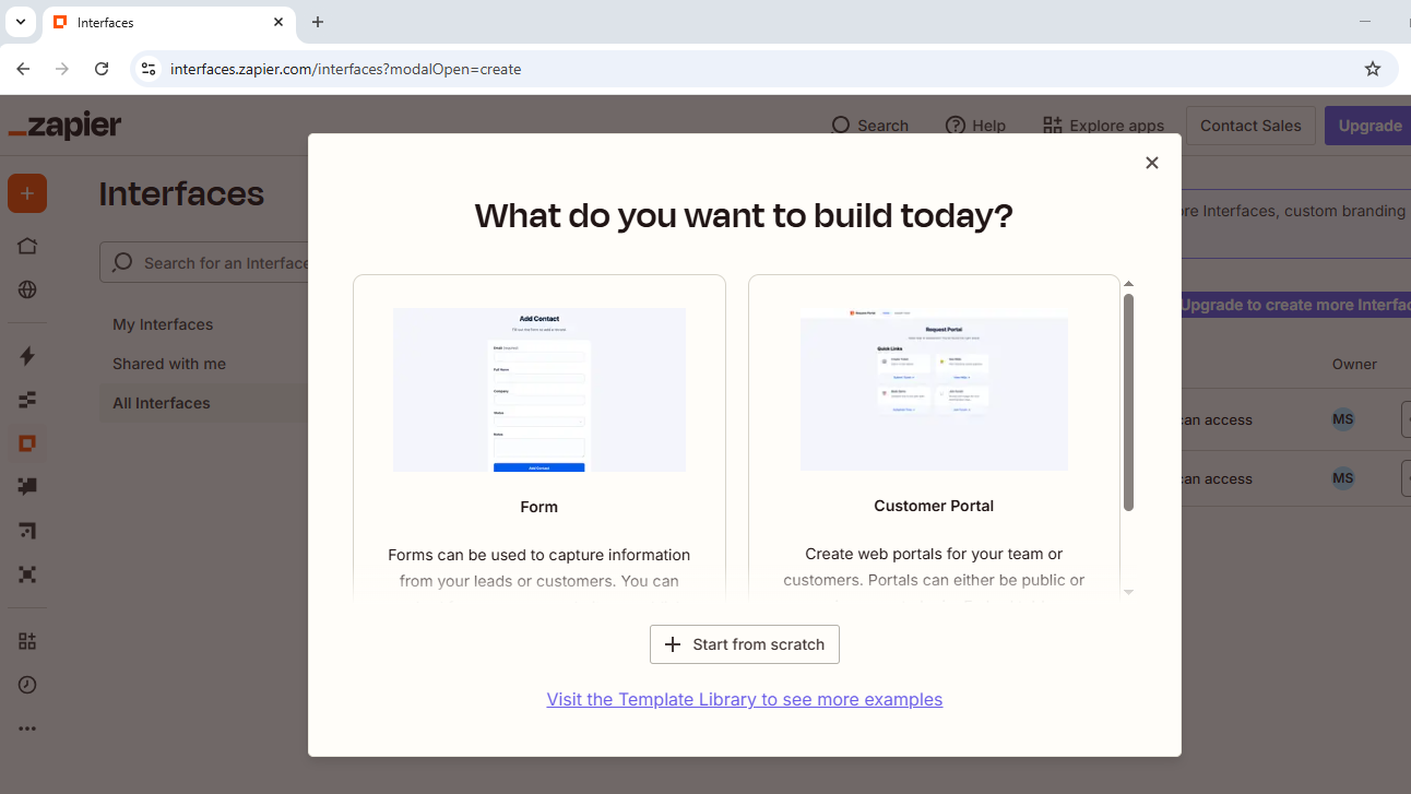 The dashboard of Zapier Interfaces