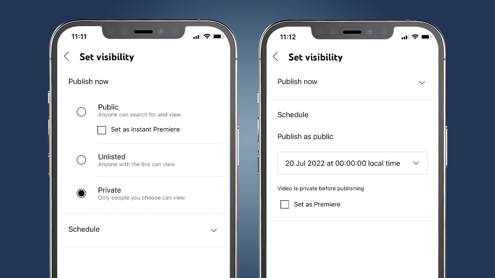 Two iPhones showing the scheduling of a YouTube video