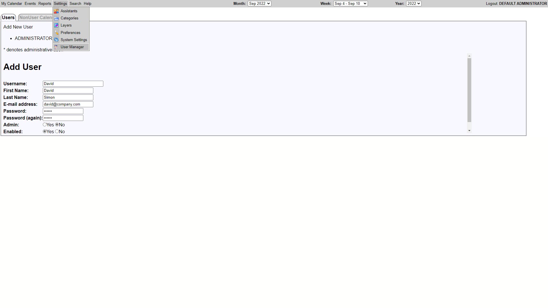 Screenshot of the WebCalendar Users administration page