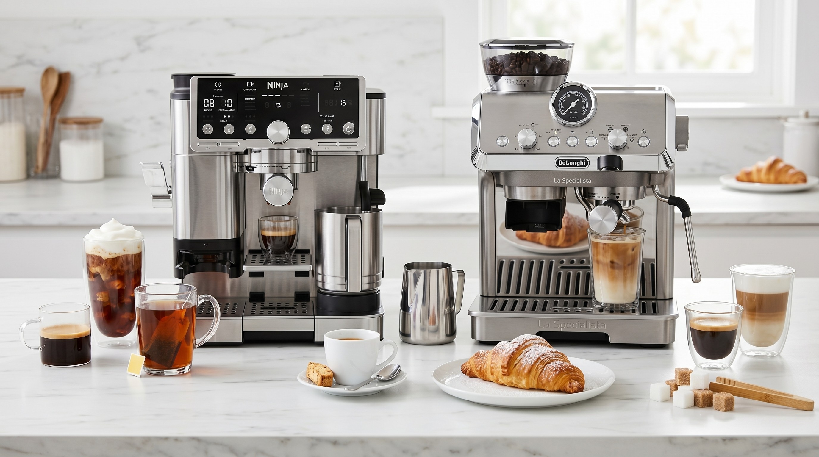 Two coffee makers on marble kitchen counter with various coffee drinks, sugar cubes, and pastries