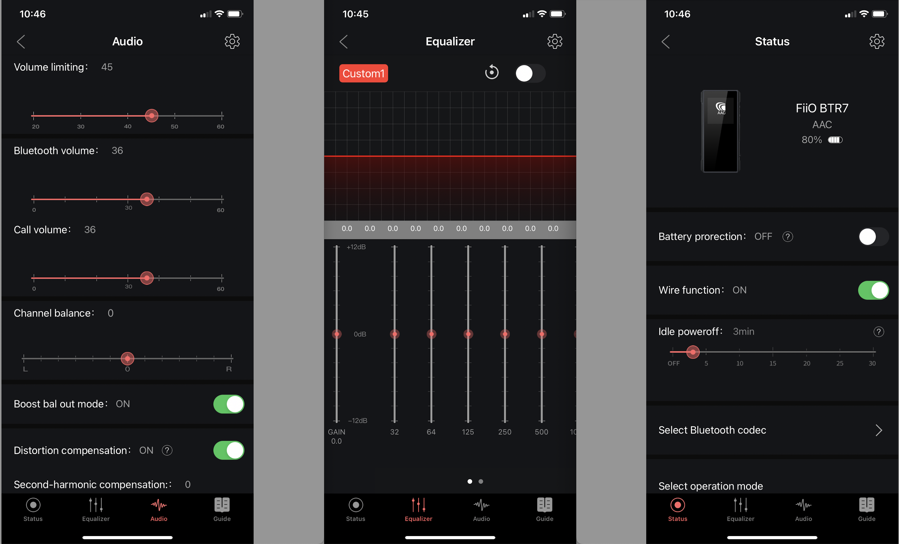 Fiio BTR7: three screen grabs from the Fiio Connect app, showing the EQ tabs