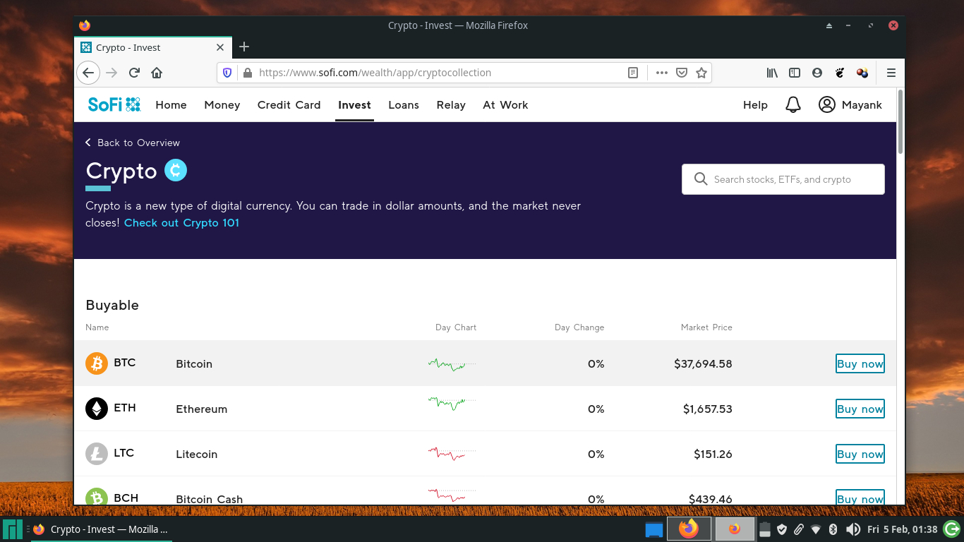 Screenshot of the SoFi Invest platform