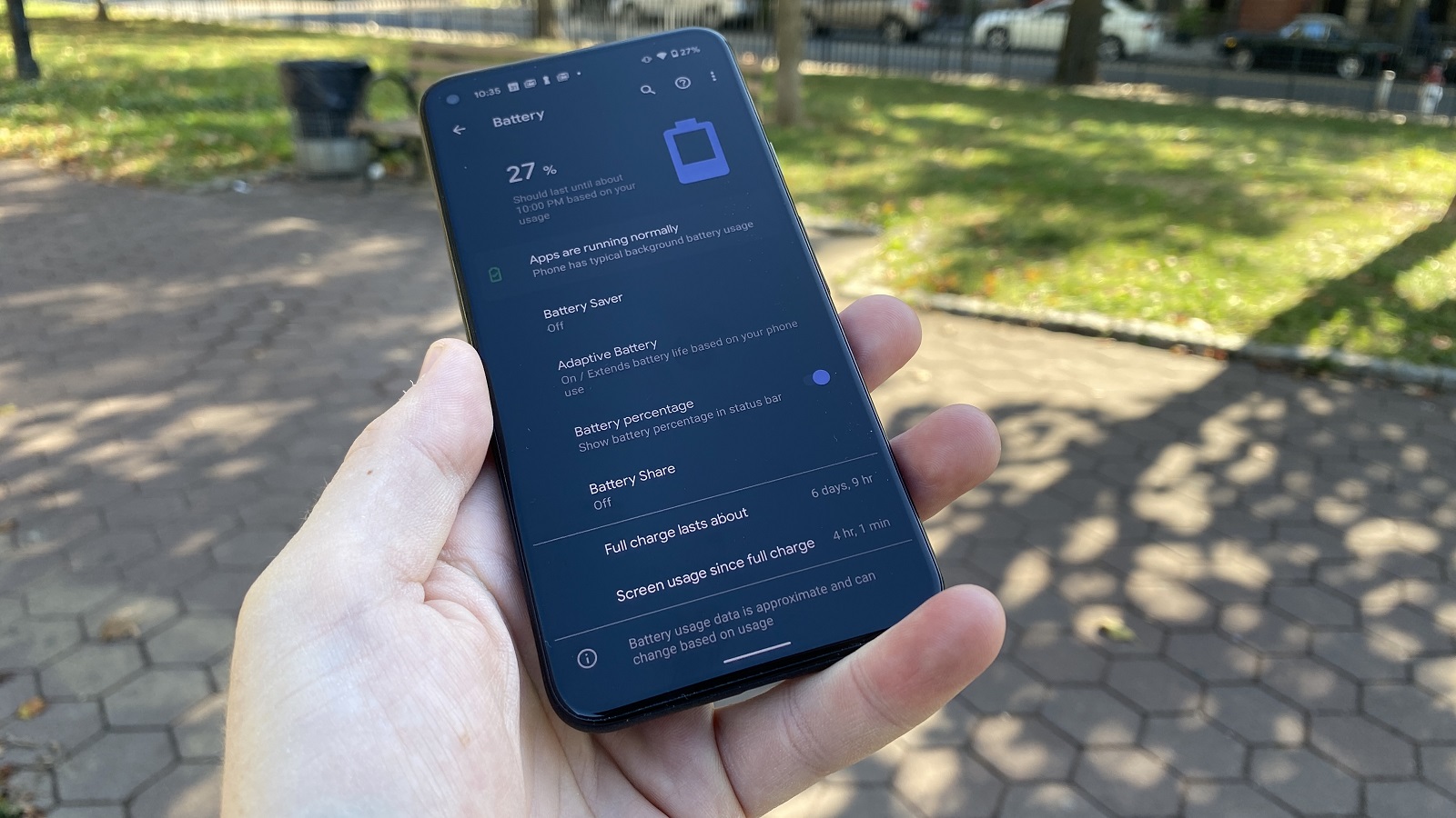 A Google Pixel 5 from the front, in someone's hand