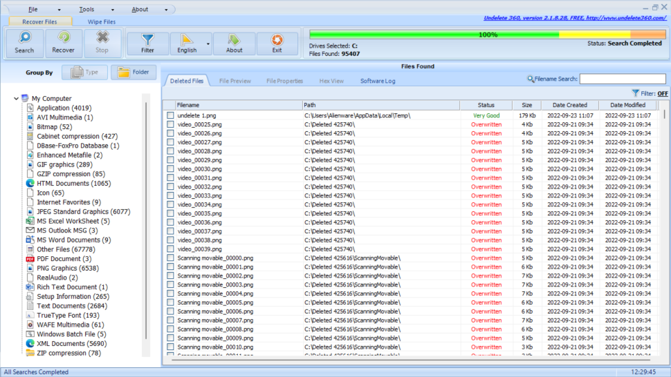 Screenshot of free photo and data recovery software Undelete360