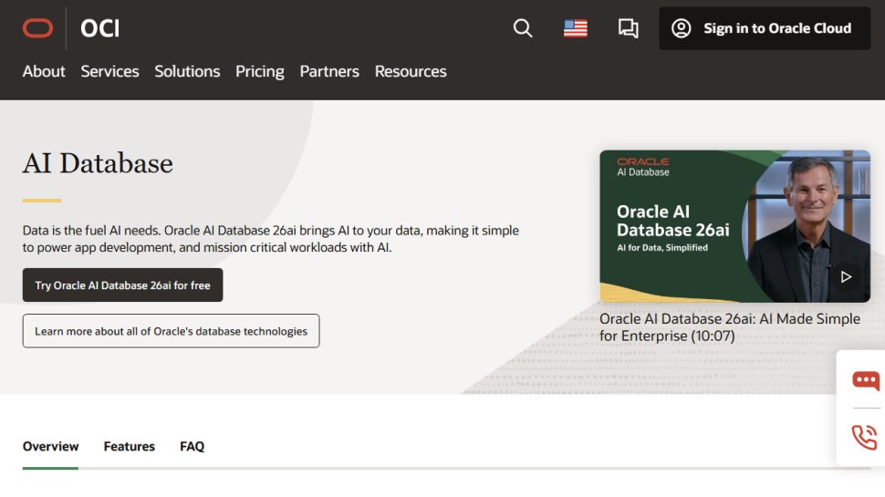 Website screenshot of Oracle Database (February, 2026)
