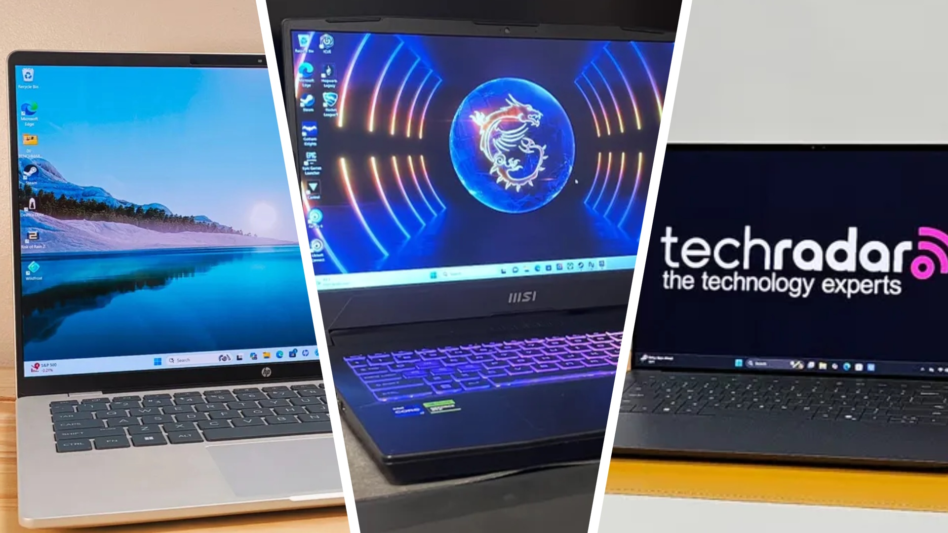 A HP, MSI, and Dell laptop on a desk during our tests, in a three-way split