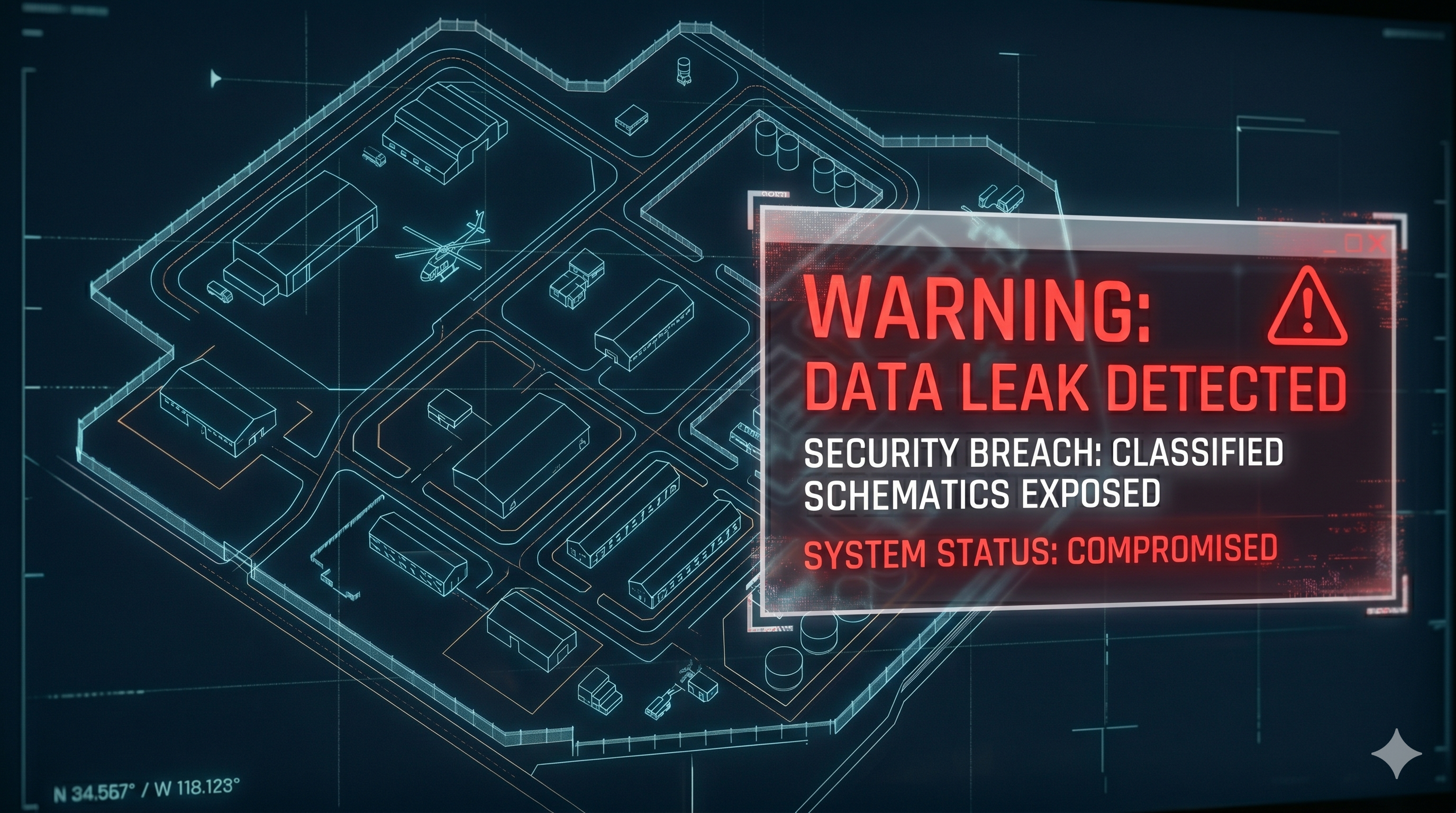 A composite image featuring a stylized digital military base schematic partially covered by a translucent "Data Leak" warning graphic in red and white.