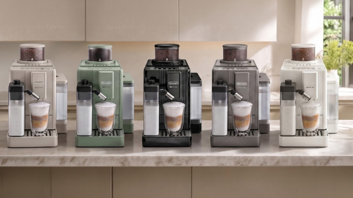 De'Longhi Rivelia Start coffee maker in five colors on kitchen counter