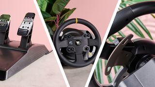 Thrustmaster TX pedal set, Thrustmaster TX racing wheel, and Hori racing wheel in triptych with pink background, divided by white diagonal lines 