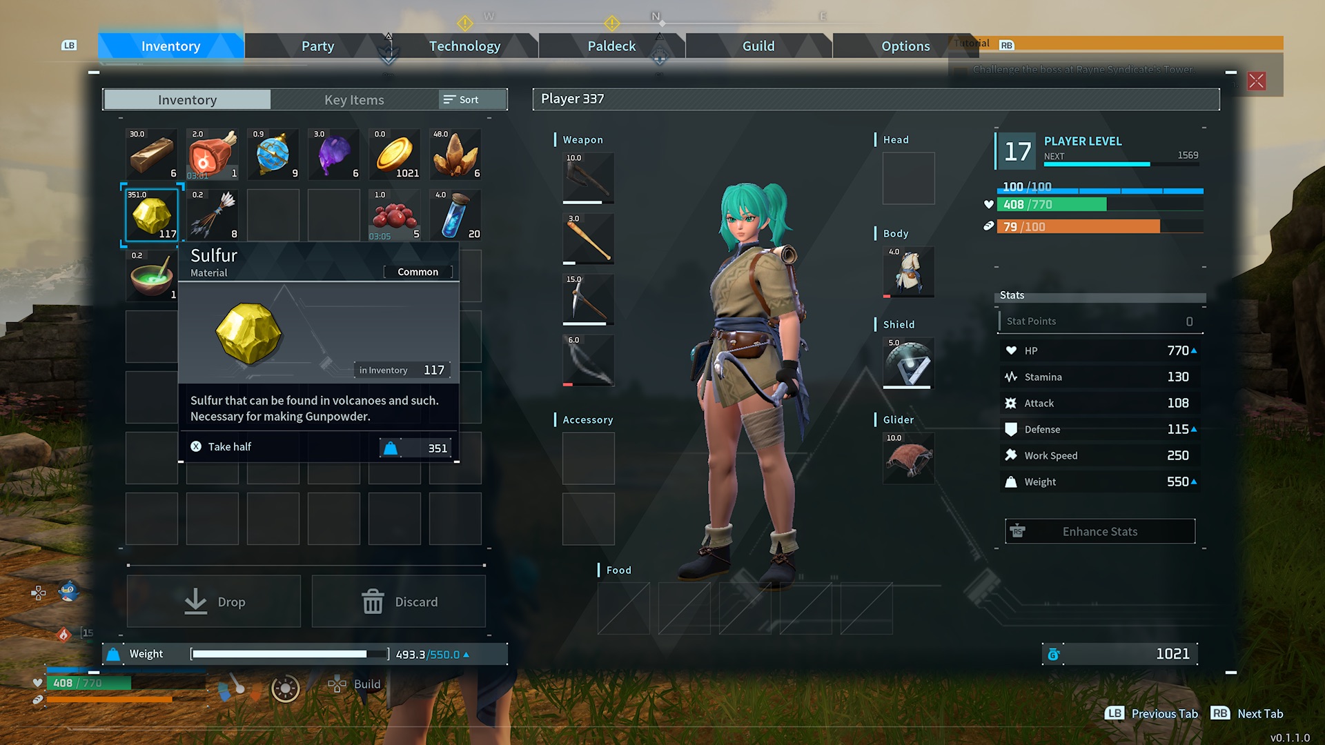 Sulfur shown in the Palworld player inventory menu