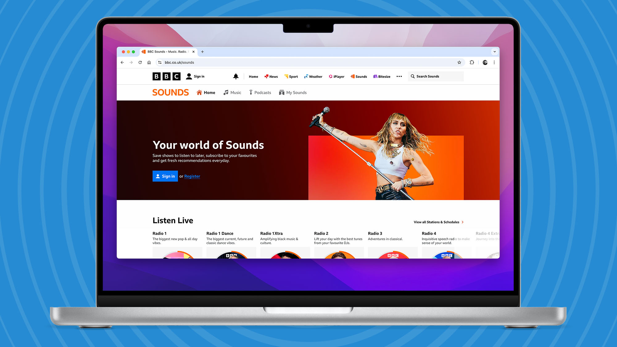 BBC Sounds website in a browser on a laptop