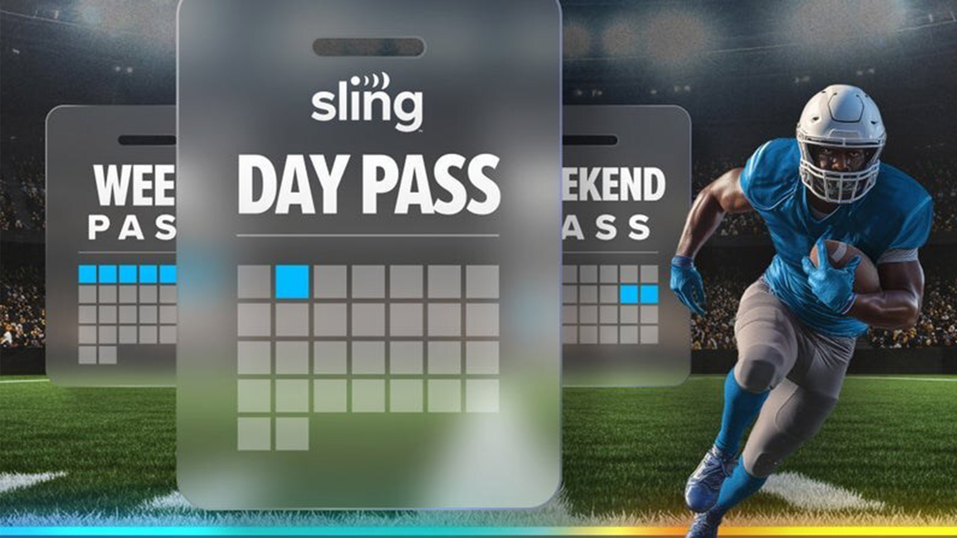 A calendar with the words 'Sling Day Pass' is overlayed on top of a football field with a player running next to it