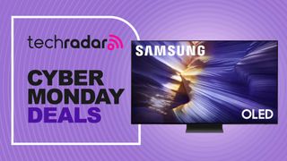 samsung s90f OLED TV on purple background