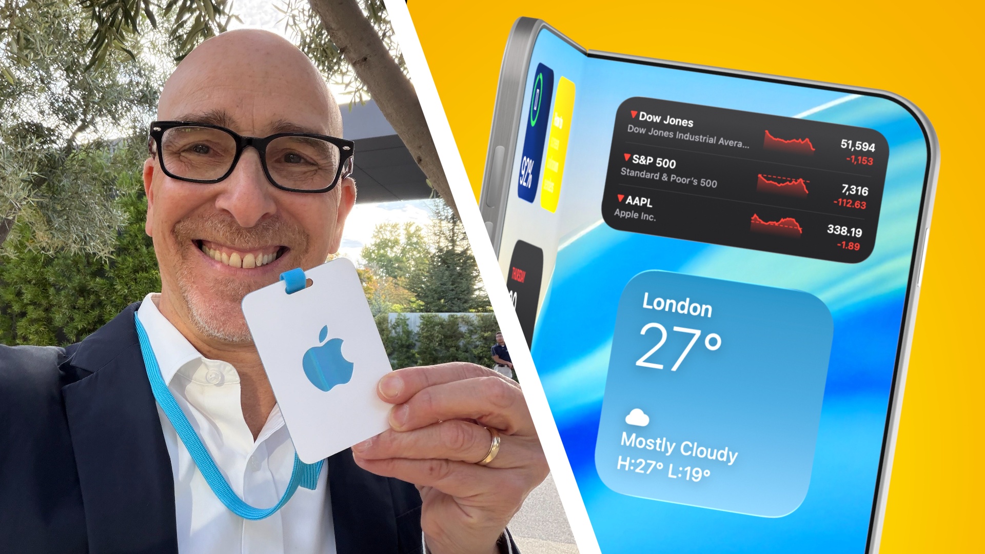 Lance Ulanoff holding an Apple badge alongside concept image of the foldable iPhone