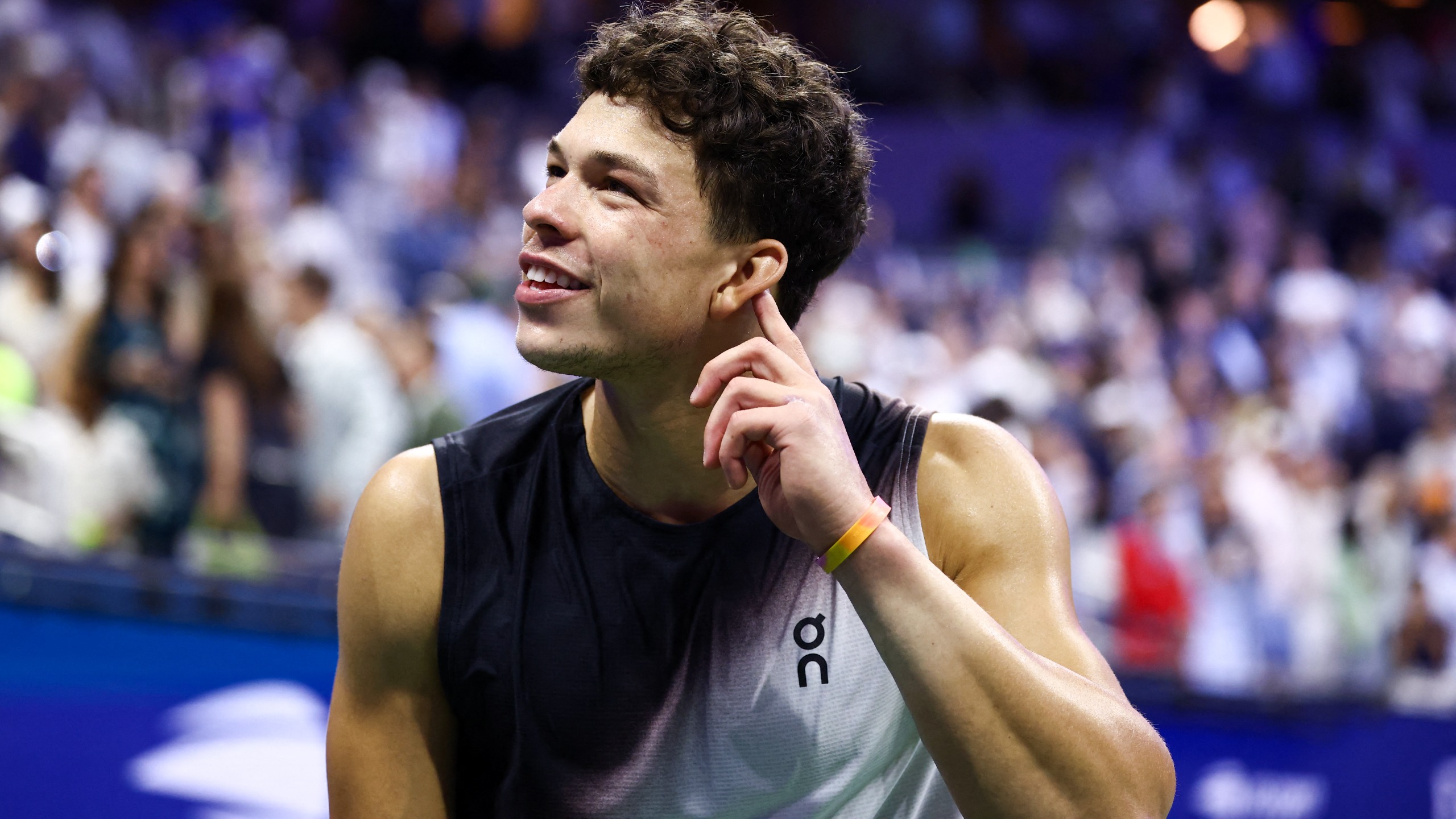 USA's Ben Shelton reacts after his victory over USA's Frances Tiafoe during the men's singles semi-final tennis match on day thirteen of the US Open tennis tournament