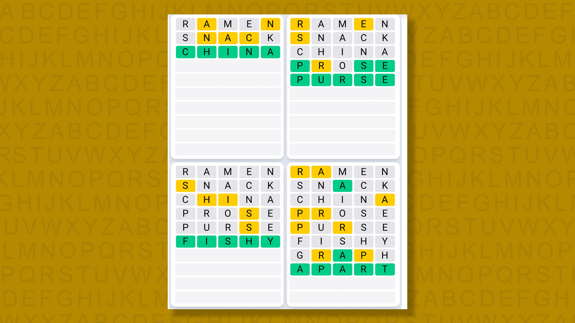 Quordle Daily Sequence answers for game 1589 on a yellow background