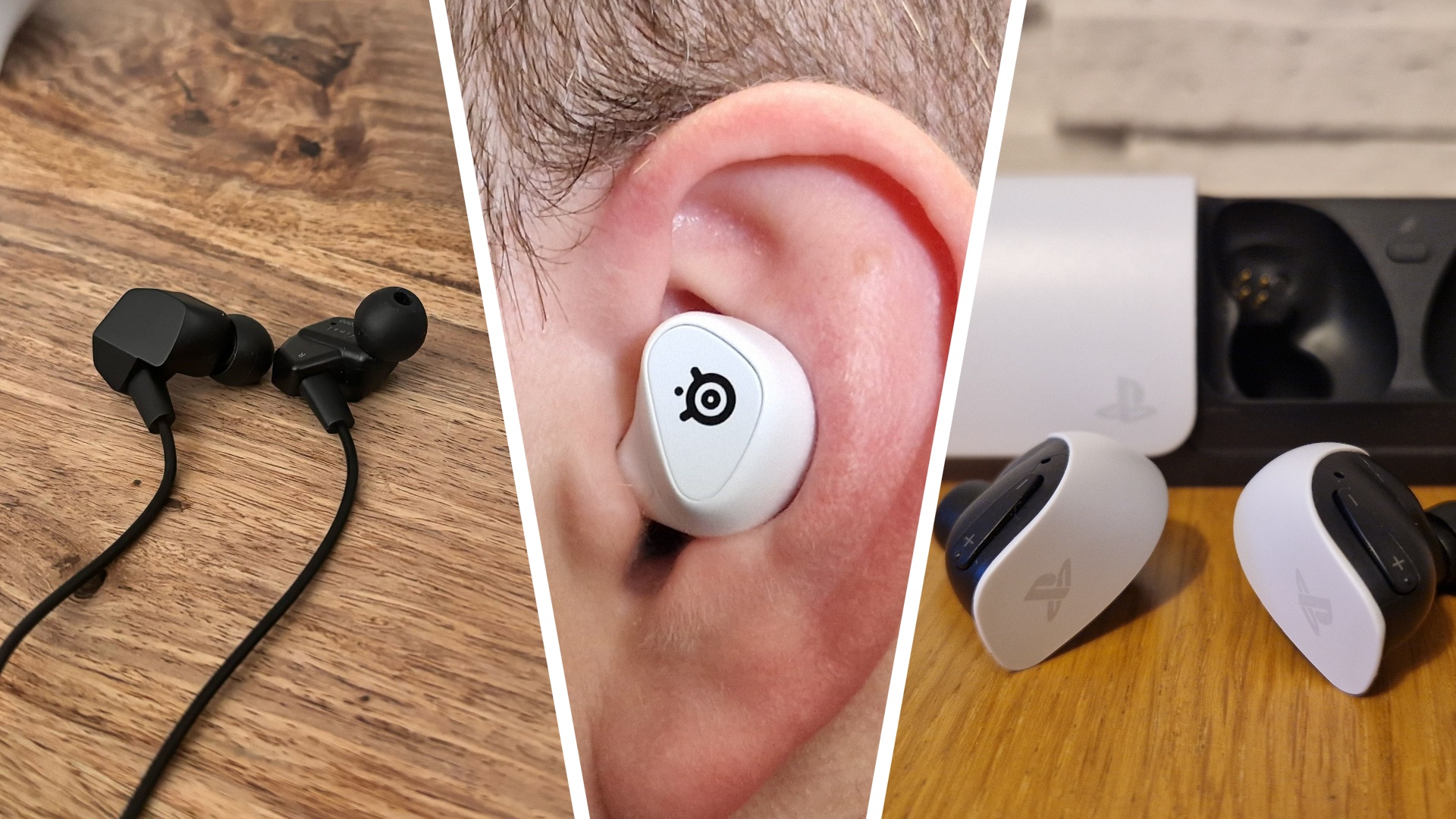A composite image showing close up of three sets of gaming earbuds from Final, SteelSeries, and PlayStation