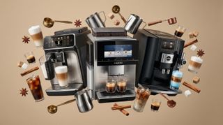 Three coffee makers on a beige background surrounded by latte-making equipment and ingredients