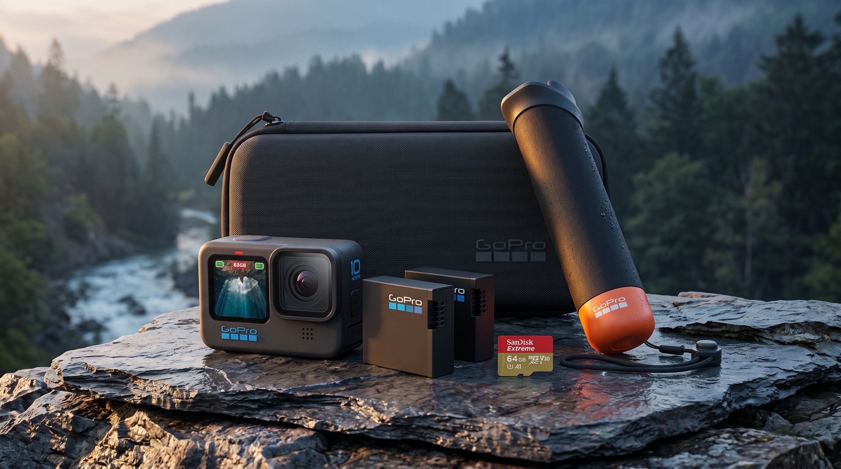 The GoPro Hero 13 Black sitting on a rock overlooking a river and trees in the background