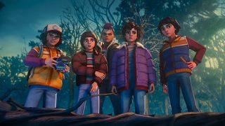 The Party in their animated forms standing in a row looking at something