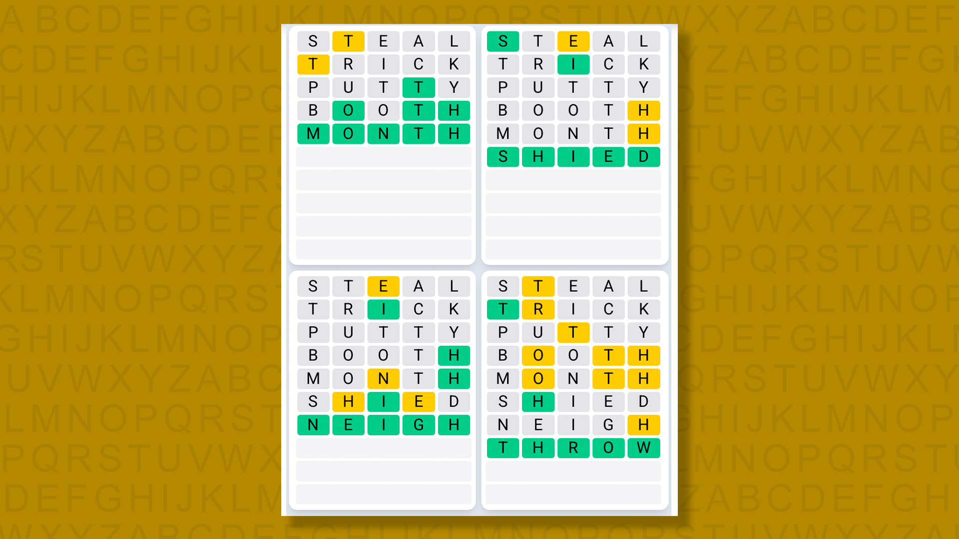 Quordle Daily Sequence answers for game 1580 on a yellow background